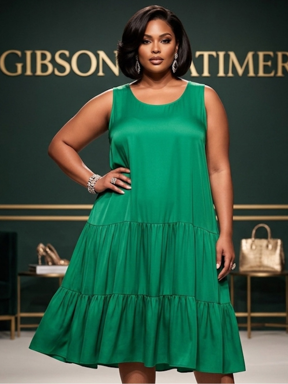 Authentic Gibson Latimer designer Emerald Green Tiered Sleeveless Dress sz L